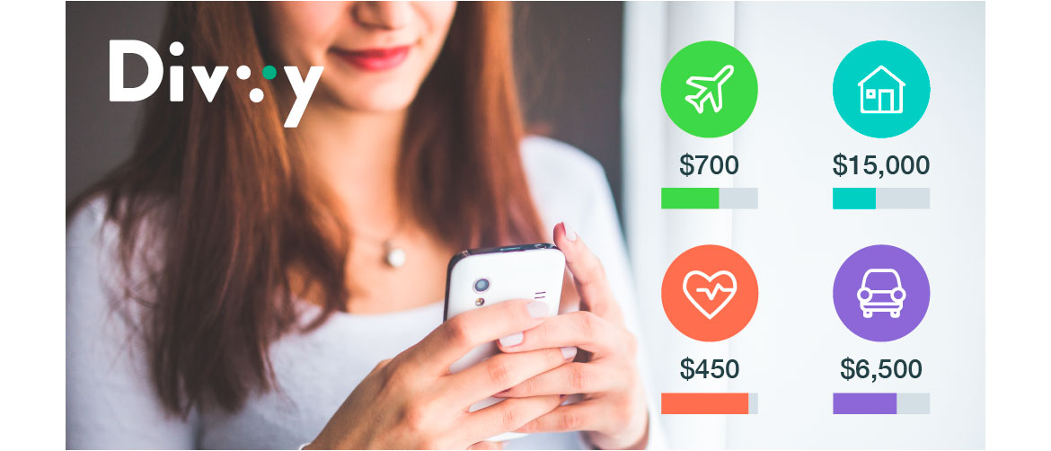 Marketing banner for divvy showing a woman holding a phone with savings goals overlayed on the image
