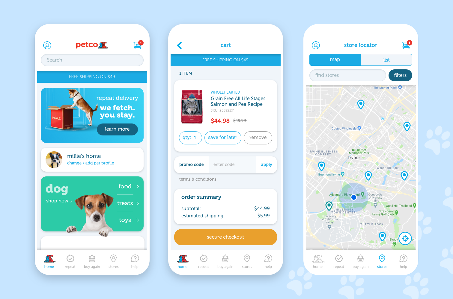 Three screenshots of the Petco app. Home, cart, and store locator.